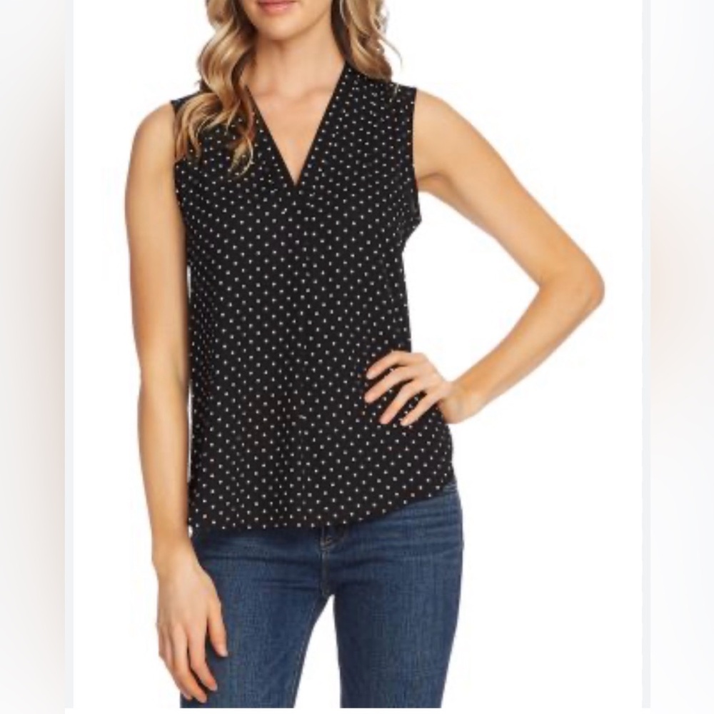 Vince Camuto Shirred High Low tank, size small, black and white polka dot